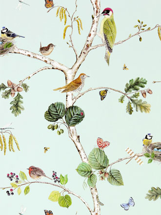 Design Tapete aus England Sanderson Woodland Walk türkis grün Vögel Kollektion 2016 bis 2020 aus Berlin online kaufen