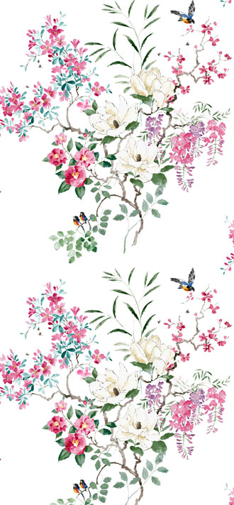 Design Tapete aus England Sanderson Magnolia & Blossom Blumen rot rosa grün weiß Kollektion 2016 bis 2020 aus Berlin online kaufen